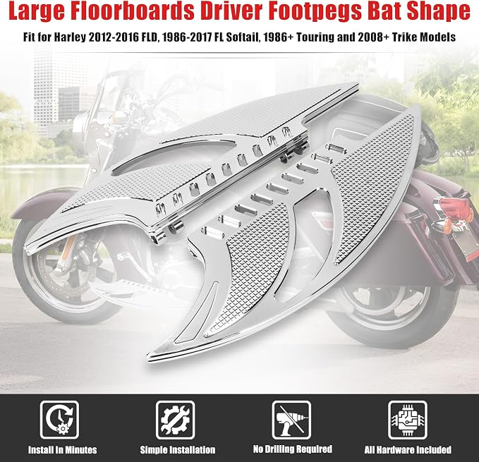 Goldfire Large Floorboards Driver Footpegs Front Rider Foot Rest Pedal Bat Shape Motorcycle Accessories Fit for Harley 2012-2016 FLD, 1986-2017 FL Softail, 1986+ Touring and 2008+ Trike Models, Chrome