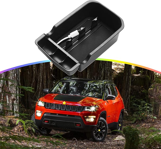 SKTU Compatible with 2017-2020 Jeep Compass Center Console Storage Box Organizer Container Armrest Insert Organizer ABS Tray Pallet with USB Hole and Coin Holder (Black)