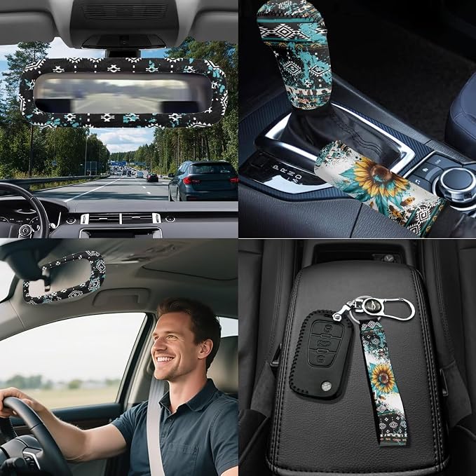 Navajo Sunflower Car Seat Covers Full Sets of 18 Pcs Sunflower Print Car Interior Accessories Sets with Anti Slip Car Seat Belt Pads Cover Leakproof Auto Trash Can Steering Wheel Cover