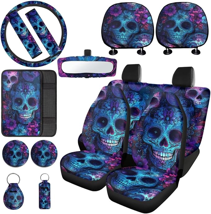 Skull Print Car Seat Cover Full Set with Floral Printed Car Accessories Set Included Car Steering Wheel Cover Seat Belt Protector Armrest Pad Cover Auto Rear View Mirror Protector