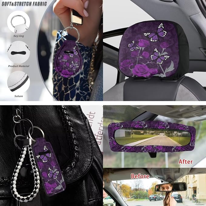 Butterfly Rose Printed Auto Seat Protector Full Set of 15 Car Accessories Set Non Slip Car Steering Wheel Covers Armrest Pad Shoulder Strap Protector, Purple