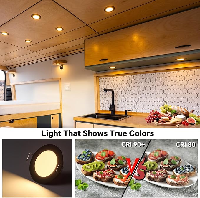 acegoo RV 2.75" Recessed LED Ceiling Light 12V Ultra-Thin Puck Light, Dimmable RV Lights Interior for Camper Van Truck Motorhome Boat Sailboat Roof Under Cabinet Lighting, 6 Pack (Black,Warm White)