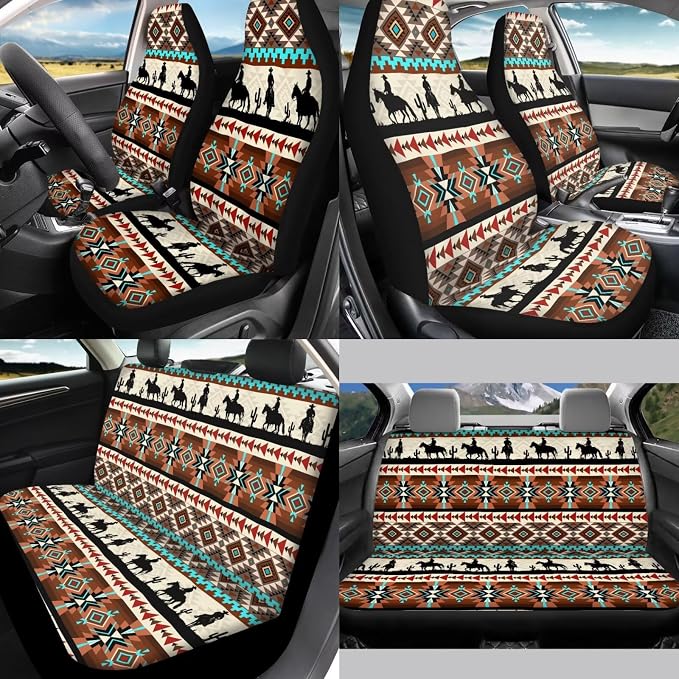 Western Cowboy 12 Pieces Car Seat Covers Full Set Car Center Console Cover Steering Wheel Cover Cars Cup Coasters Gear Lever Cover Hand Brake Cover Suitable for Most Cars,SUV