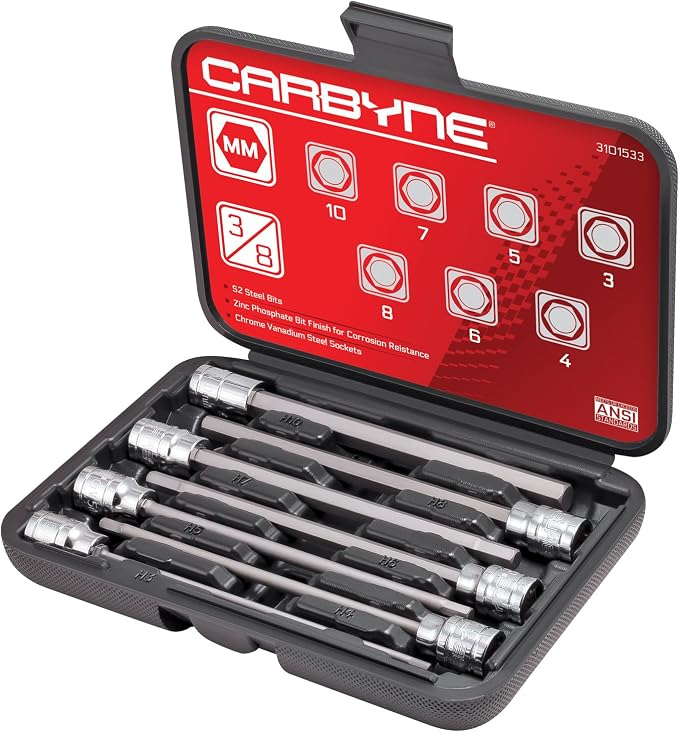 CARBYNE 7-Piece Metric Extra Long Hex (Allen) Bit Socket Set, 3mm to 10mm, 3/8 in. Drive, S2 Steel Bits, CrV Sockets, 6.1 in. Overall Length for Deep-Reach Access, Durable Storage Case