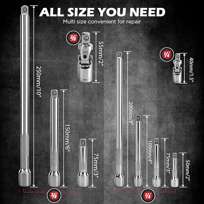 SEDY 9-Piece Socket Extension Bar Set, 1/4" & 3/8" Drive Ratchet Extensions 2", 3", 4", 6", 8" & 10" with Universal Joints, CR-V Steel for Tight Spaces
