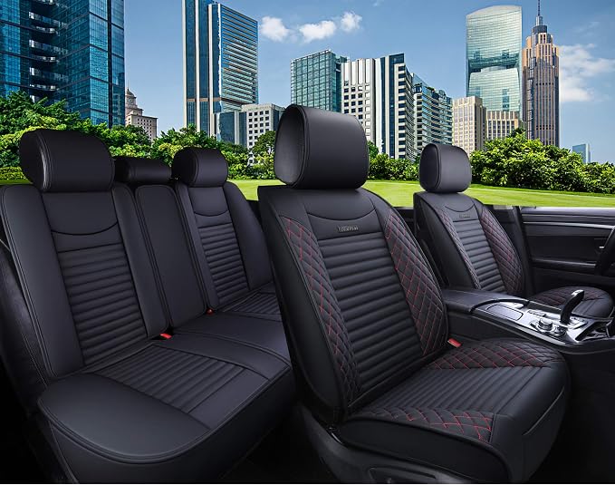 Aierxuan 5 Car Seat Covers Full Set Waterproof Leather Universal Fit for Toyota Highlander Corolla Acura Honda Civic Accord Jeep Prius Rav4 Altima Optima Ford Forte Mazda (Full Set/Black-Red)