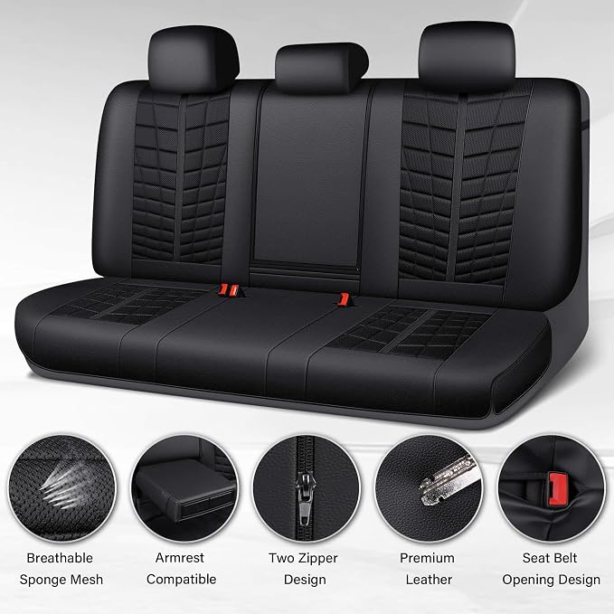 CAR PASS 3D Foam Mesh Back Car Seat Covers,Breathable Leather Rear Seat Cover Anti Slip Universal Fit for Most Cars SUVs Vans Small Trucks 95% Automotive Bench seat, Armrest Compatible,All Black