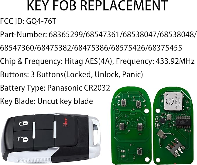 Smart Key for Dodge RAM 2019-2024, Alliskeys Vehicle Proximity Remote Control Key Fob Replacement for RAM 2500 3500 4500 5500 GQ4-76T 68365299