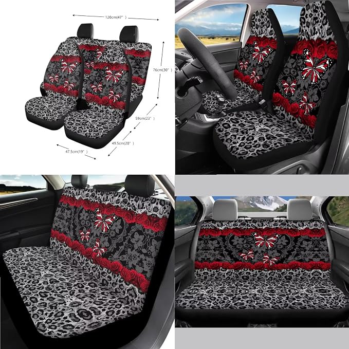 14Pcs Car Seat Covers Full Set Butterfly Rose Leopard Print Car Front Back Seat Covers with Steering Wheel Cover Armrest Cushion Safety Belt Pads Rearview Mirror Cover, Easy to Install