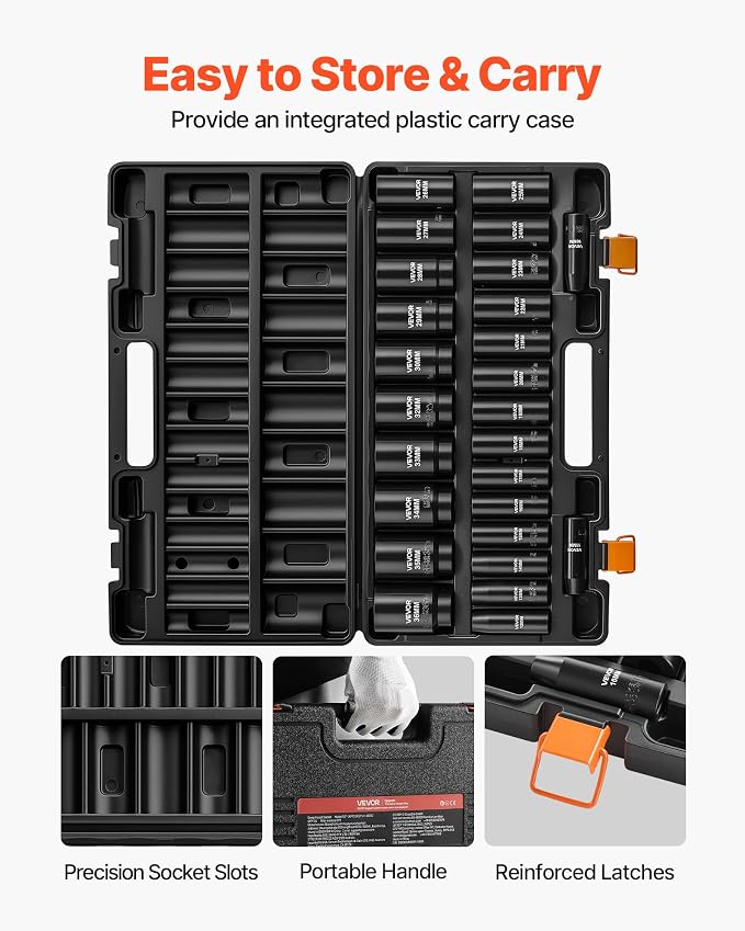 VEVOR Impact Socket Set, 1/2" Drive, 26-Piece Impact Sockets, 6-Point Sockets, Metric 10-30 mm, 32-36 mm, Easy to Identify, with a Sturdy Storage Case, Cr-V Alloy Steel Structure, for Vehicles Repair