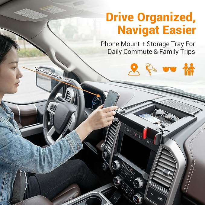 Dashboard Phone Holder Compatible with 2015-2020 Ford F150 with Speaker Center Console Organizer Dashboard Phone Multi-Mount Kit for F150 Accessories(f150 2015-2020 w/sub)