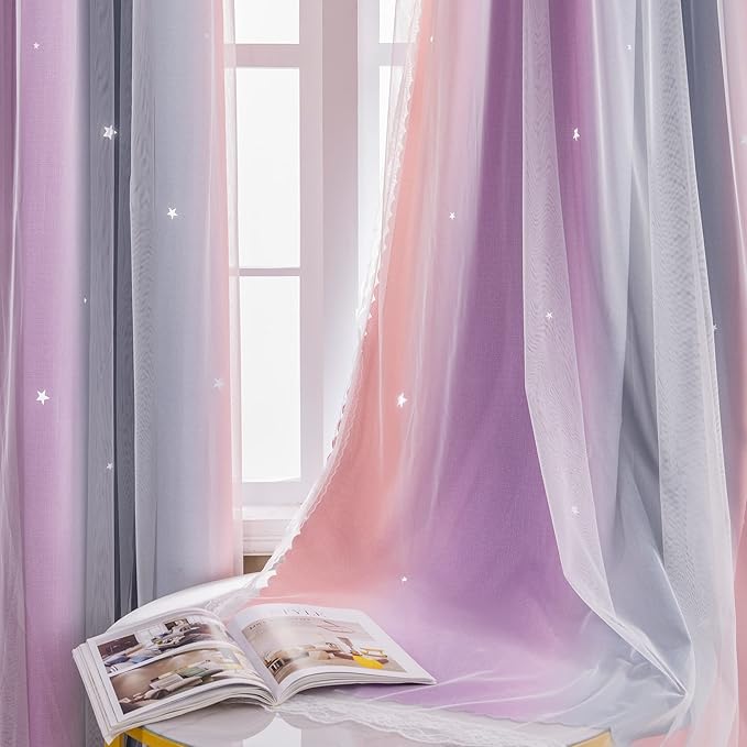 XiDi Blackout Curtains for Girls Bedroom, 63 inches Length 2 Panels Set Kids Room Decro Unicorn Princess Theme Home Decor Grey/Pink/Purple, W34 X L63 2 Panels