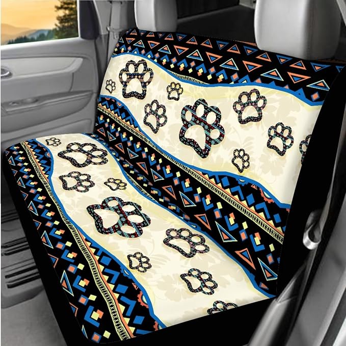 BIGCARJOB Southwest Tribal Paw Car Seat Covers Full Set,12 Pcs Cute Dog Paw Print Car Accessories Set with Auto Front Rear Seat Protector,Armrest Seat Box Cover Cushion,Cup Mats