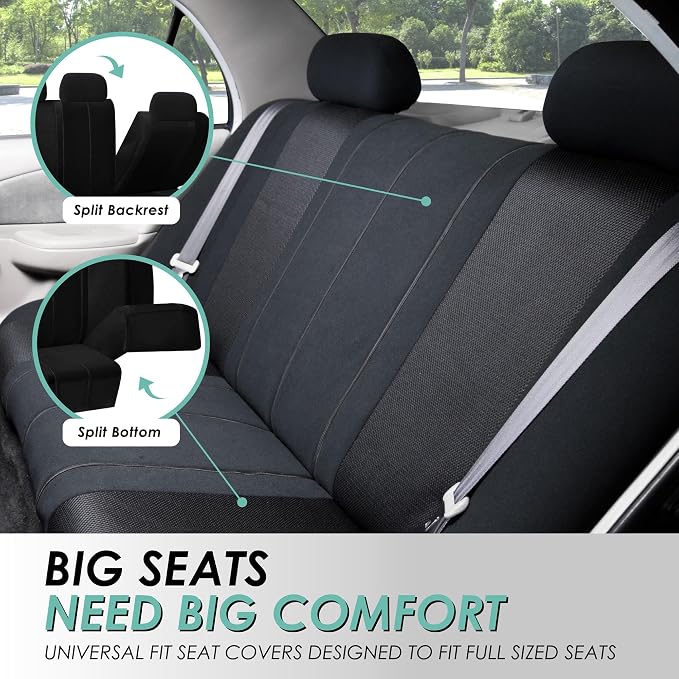 FH Group Car Seat Covers Universal Fit Full Set Interior Accessories, Sports Black Seat Covers with Airbag and Split Rear Automotive Combo Vinyl Floor Mats Seat Covers for Cars Vans Trucks and SUV