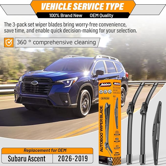 AUTOBOO 26"+20" Windshield Wipers with 14" Rear Wiper Blade Replacement for Subaru Ascent 2019 2020 2021 2022 2023 2024 2025-2026 -Original Factory Quality (Pack of 3)