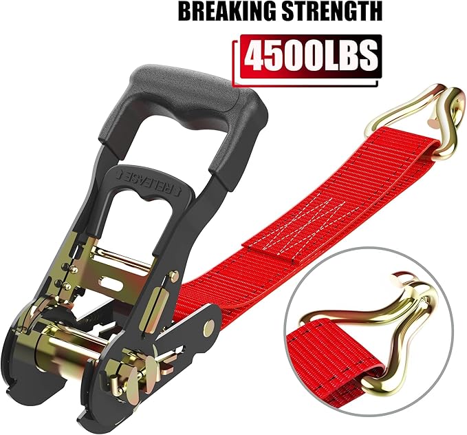 AWELCRAFT Ratchet Straps Heavy Duty 4 Pack,4500lbs Breaking Strength,1.5in×15ft Tie Down Ratcheting Strap with Padded Handles, Double J Hooks & Soft Loops for Motorcycle,Trailer & Trucks (Red)