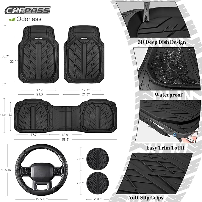 CAR PASS Rubber Leather Steering Wheel Cover Large-Size 15.5-16 Inches Fit for Truck SUV Large Car Ram F150 Tundra 4Runner Tacoma, XXL Heavy Duty Deep-Dish Car Floor Mats, Trim-to-Fit Car Mat Black