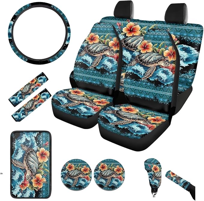 BIGCARJOB 12 Pieces Sea Turtle Car Seat Cover Set Universal Steering Wheel Covers,Armrest Pads,Coaster Tropical Floral Turtle Print Auto Seat Protector Full Set,Fit Most Vehicle,Cars,Sedan
