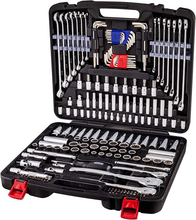 Powerbuilt 200 Piece 1/4-inch, 3/8-inch, and 1/2-inch Drive Mechanics Tool Set - with SAE and Metric Socket Set, Powerbuilt XT 90 Tooth Seal-Head Ratchets, including Case - 642472