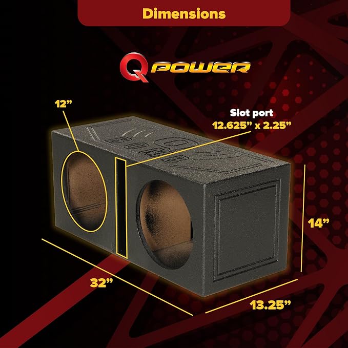 QPower 12 Inch Dual Subwoofer Box, High-Performance Vented Speaker Enclosure, Black - Car Audio and Sound System Accessories - Portable Equipment for Subwoofers