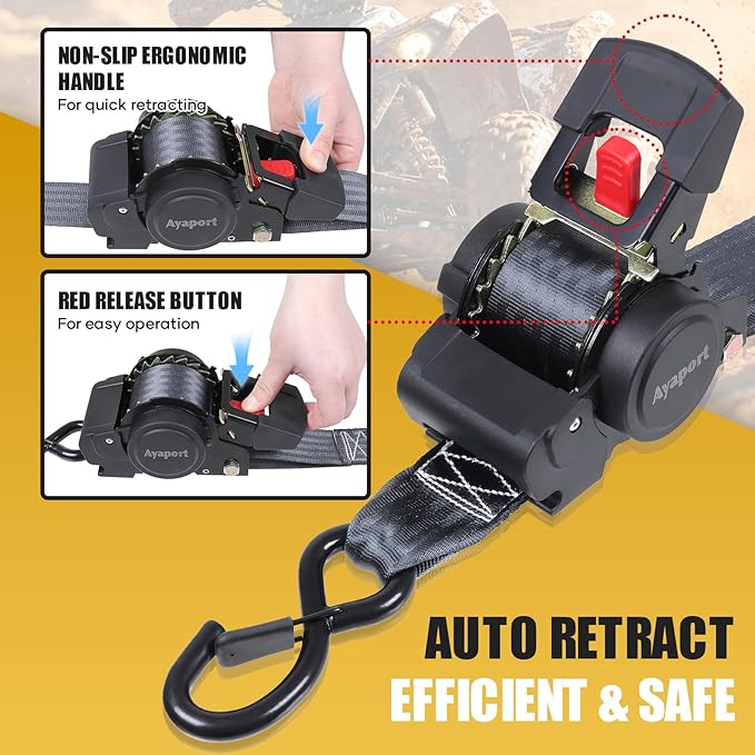 Ayaport Retractable Ratchet Straps 2in X 12.5ft-3300lb Break Strength, Heavy Duty Ratchet Straps Self Retractable Tie Downs with Soft Loops for Motorcycle, Dirt Bike, Cargo, Truck Accessories
