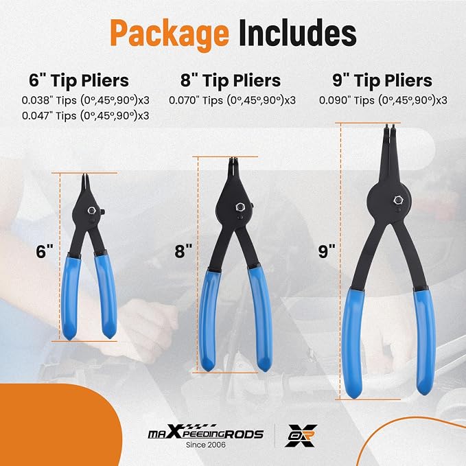 maXpeedingrods 12 Piece Versatile Retaining Snap Ring Pliers set, Heavy Duty Fixed Tip Combination Internal and External Snap Ring Pliers for 0.038in 0.047in 0.070in 0.090in