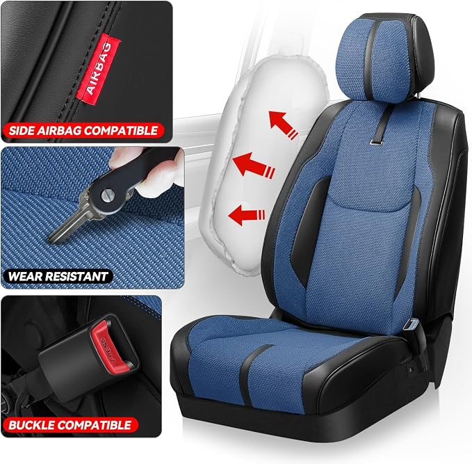 Auto Dynasty Car Seat Covers Full Set, Automotive Seat Covers for Cars Breathable Waterproof, Universal Anti-Slip Car Interior Protectors Compatible Airbag Fit Most Cars, Blue, Drive Series