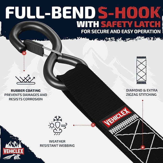 Vehiclex Motorcycle Ratchet Tie Down Straps with Soft Loops - 4PK Heavy Duty 1.5" x 8ft Kit, 4,400 lb Breaking Strength for Powersports, Black