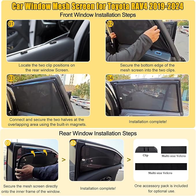 ZATOOTO Car Window Shades for Toyota RAV4 2019-2024, Side Window Covers Split-Front Design with UV Protection, Privacy Breathable Mesh for Ventilation, Dust Protection Perfect for Camping, Baby Safety