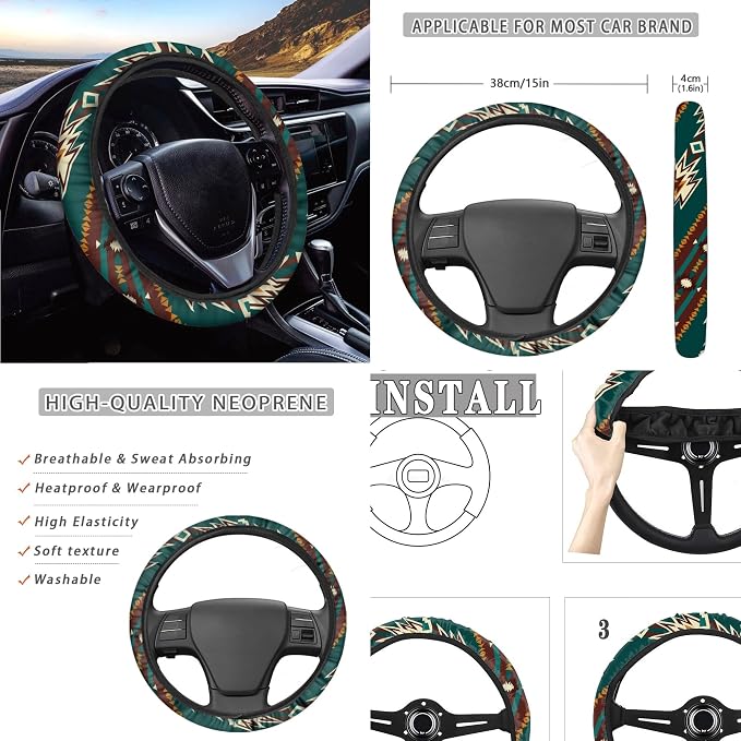 Aztec Seat Covers Full Set with Western Steering Wheel Cover, Shoulder Pads, Tribal Seat Covers Car Accessories Universal Fit for Most Cars, Green and Brown