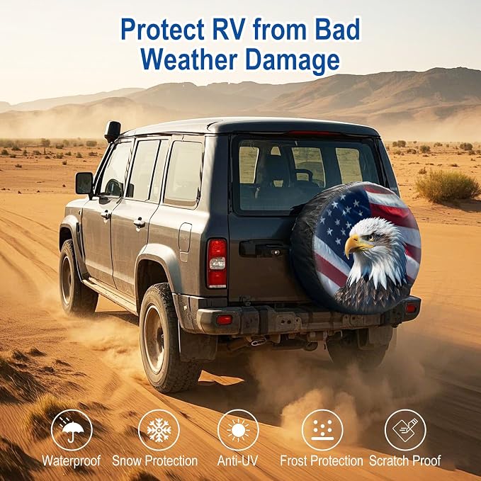 RV Spare Tire Cover with American Eagle USA Flag, Trailer Tire Covers PVC Leather for Truck SUV Wrangler Camper Vehicle Wheel Cover Waterproof Sun Dust Protection 14 inch