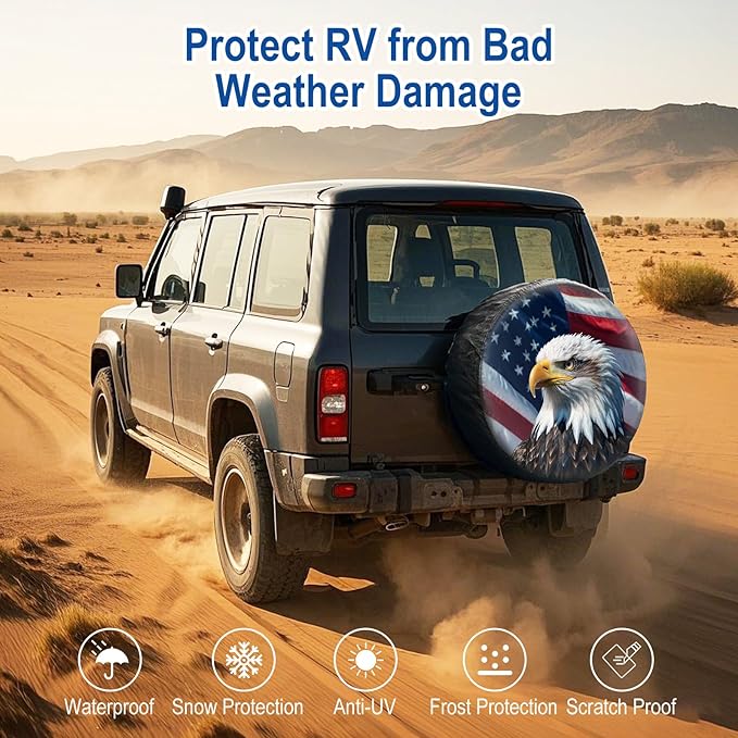 RV Spare Tire Cover with American Eagle USA Flag, Trailer Tire Covers PVC Leather for Truck SUV Wrangler Camper Vehicle Wheel Cover Waterproof Sun Dust Protection 15 inch