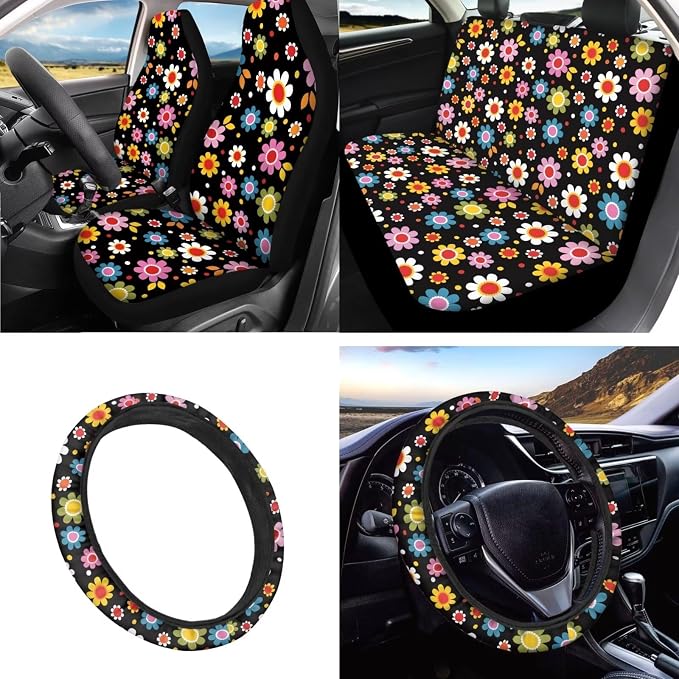 INSTANTARTS Hippie Flower 13 Piece Auto Accessories Include Front and Rear Seat Covers Steering Wheel Covers Seat Belt Covers Keychains Lipstick Covers Coasters for Trucks Vans SUV