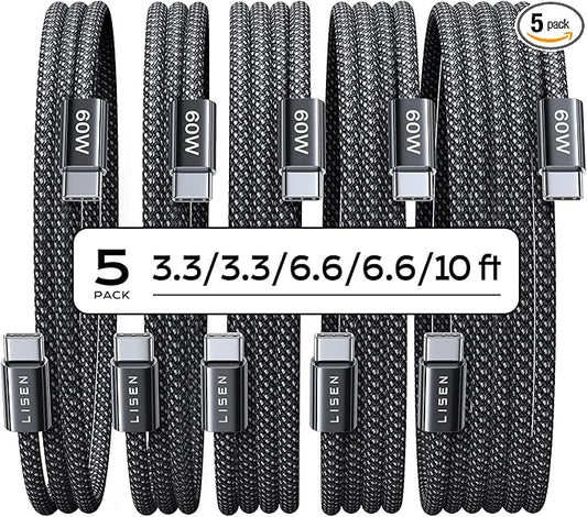 LISEN USB C to USB C Cable, 5-Pack [3.3/3.3/6.6/6.6/10FT] for iPhone 17 Charger Cord, 60W C to C Cable Fast Charging for iPad, iPhone 16 15 Pro Max, Galaxy S25/S24 USBC to USBC Cable Gifts for Men