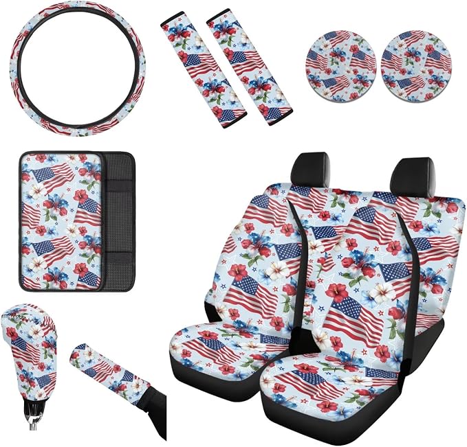 Wanyint Car Seat Cover Set 12 PCS, with Steering Wheel Cover Seat Belt Armrest Handbrake Gear Shift Knob Cover Set Coasters 4th of July Patriotic Decor Auto Accessories, American Flag Hibiscus Blue