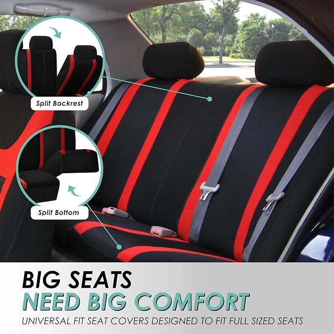 FH Group Car Seat Covers Universal Fit Full Set Interior Accessories, Sports Red Seat Covers with Airbag and Split Rear Automotive Combo Vinyl Floor Mats Seat Covers for Cars Vans Trucks and SUV