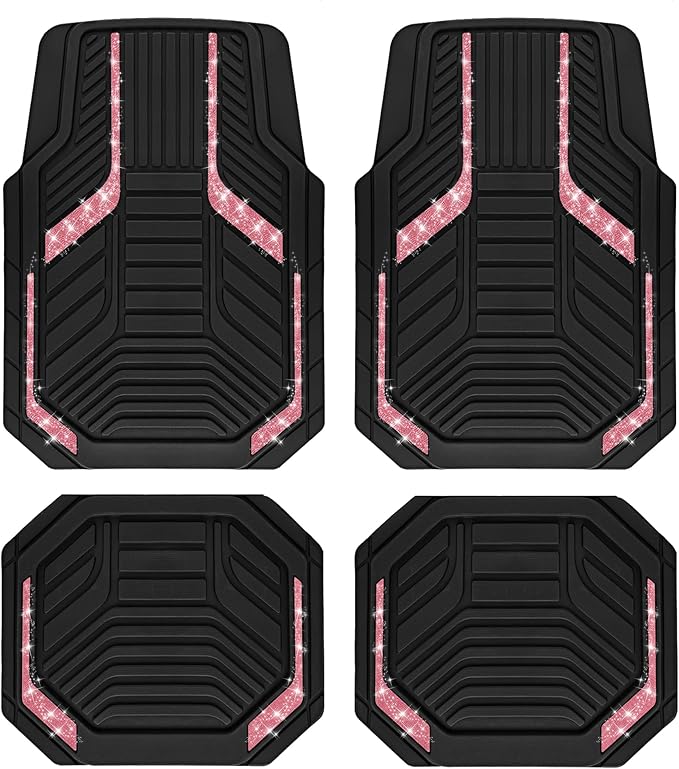 PIC AUTO Car Floor Mats, Hot Pink Sparkly Crystal Bling Glitter Car Mats Set, Front and Rear Heavy Duty Rubber Car Mats with Anti-Slip Backing, All Weather, Trim-to-Fit for SUVs, Trucks, Sedan, Vans