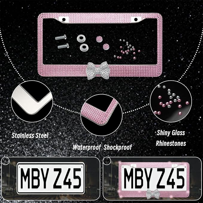 25 Pcs Butterfly Bling Women's Car Accessories Set,Universal 15 Inch Steering Wheel Cover,Bling Butterfly License Plate Frame and Car Coasters(Pink)