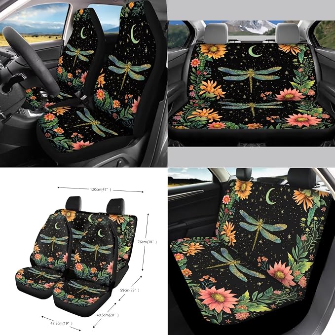 Flower Dragonfly Moon Print Car Seat Cover Set 15 PCS, with Steering Wheel Cover Seat Belt Pad Garbage Bag Air Vent Pocket Rearview Mirror Cover for SUV Trucks Vans Sedans