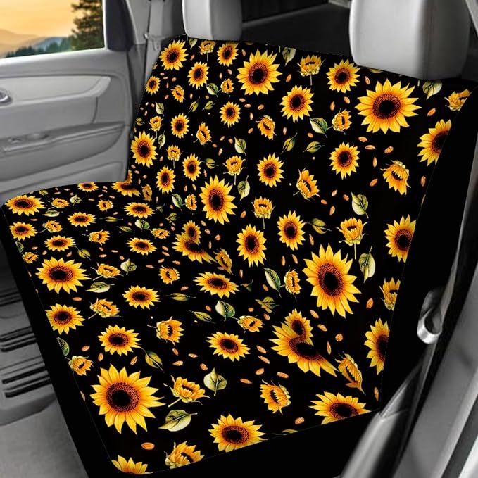 Sunflower Car Seat Covers Full Set of 17 Pcs Hippie Sunflower Car Accessories Set with Front and Split Rear Bench Car Mats Full Set Car Seat Belt Cover Steering Wheel Covers,Universal Fit