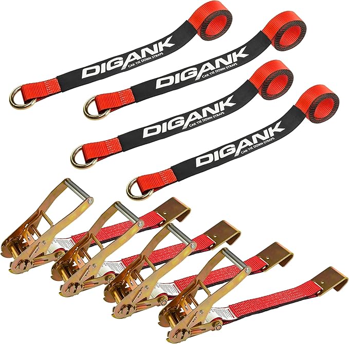 Car Tie Down Straps for Trailers (4PK) – 2'' X 96'' Tire Webbing with Flat Hooks for Easy Tire Securing on Cars, SUVs, Jeeps, or Sports Cars