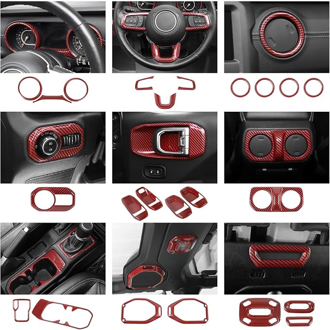 23pcs Full Set Interior Trim Kit for Jeep Wrangler JL JLU Gladiator JT 2018-2023 Steering Wheel Door Handle Air Conditioning Vent Cup Holder Reading Light Headlight Gear Cover, Red Carbon Fiber