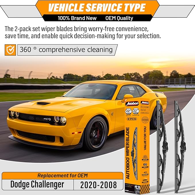 AUTOBOO 22"+22" Windshield Wiper Blade Sets Replacement for Dodge Challenger 2008-2020 -Original Factory Quality (Pack of 2)