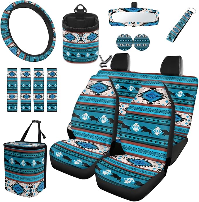 XYZCANDO Ethnic Patterns Auto Seat Cover Sets 15 PCS Car Seat Cover Set Steering Wheel Cover Seat Belt Pads Cover Storage Box Garbage Bag Car Rear View Mirror Cover Coasters Keychain Fit Most Cars