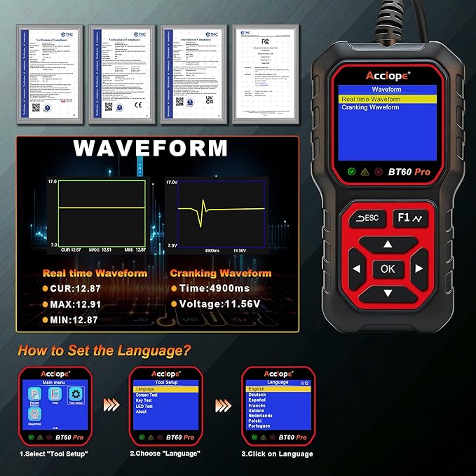BT60 PRO Car Battery Tester 6V/12V/24V, 2–120Ah, 100–3000 CCA, AGM/Gel/Lithium, Digital Analyzer, QR Cloud Report (No App), Alternator & Starter/Charging System