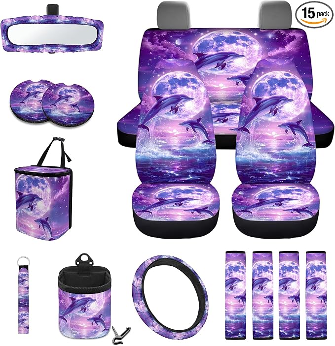 Dolphin Moon Print Car Accessories Set with Car Seat Covers Steering Wheel Cover Seatbelt Strap Pad Trash Cans Air Vent Storage Bag Cup Holder Rearview Mirror Cover Key Chain, 15 Pack