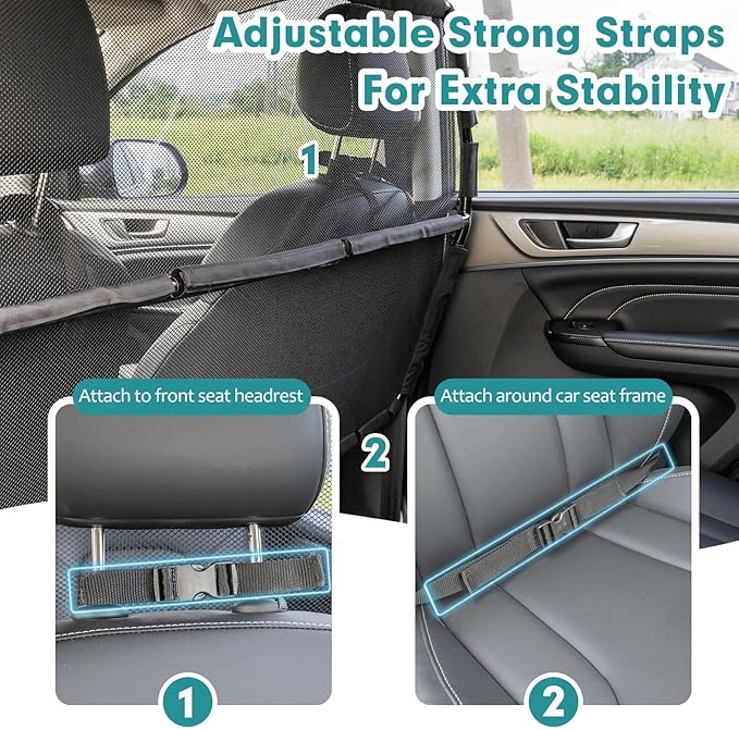 Dog Car Barrier Escape-Proof, 50" Wide Car Divider for 2nd 3rd Row Seats & Cargo Area, Durable Back Seat Car Gate Trunk Barrier with See Through Net Mesh for Small Trucks & SUV & Mid-Sized Vehicle