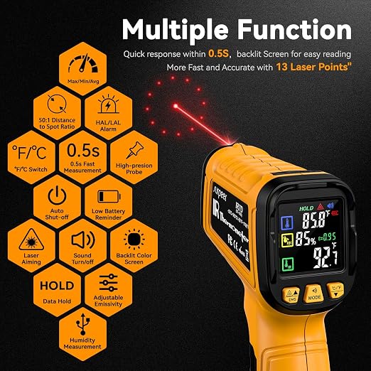 Infrared Thermometer Gun, Dual Mode, 50:1 D/S | -58°F-1796°F Surface Reading,-4°F to 932°F K-Type Probe, 13-Point Laser Accuracy, Humidity Monitoring, For HVAC & Pizza Ovens