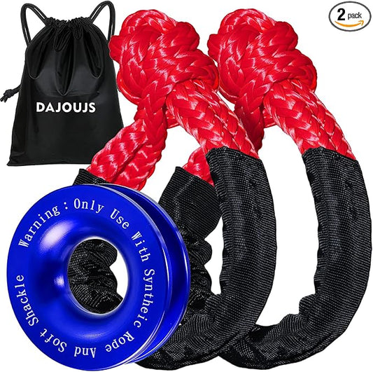 Synthetic Soft Shackle Rope 1/2 x 22 Inch Red Recovery Tow Shackles with Blue Recovery Ring 56,000lbs Breaking Strength Offroad Soft Shackle Recovery Kit for Off-Road Winch and Vehicle Towing