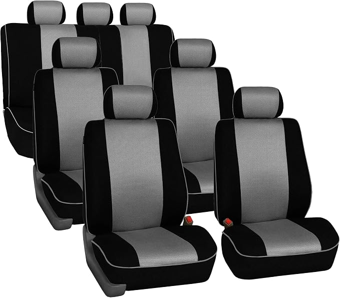 FH Group Car Seat Covers Three Row 7 Seater Cloth Car Seat Covers with Piping (Airbag and Split Ready) - Universal Fit for Cars Trucks & SUVs Gray/Black